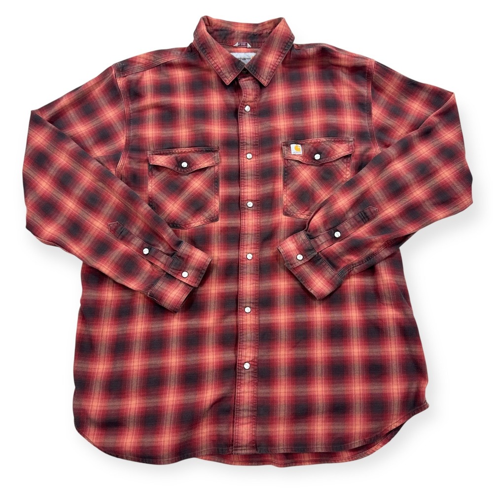 Carhartt Flannel Shirt Men's XL Red Plaid Pearl Snap Relaxed Fit Long Sleeve
